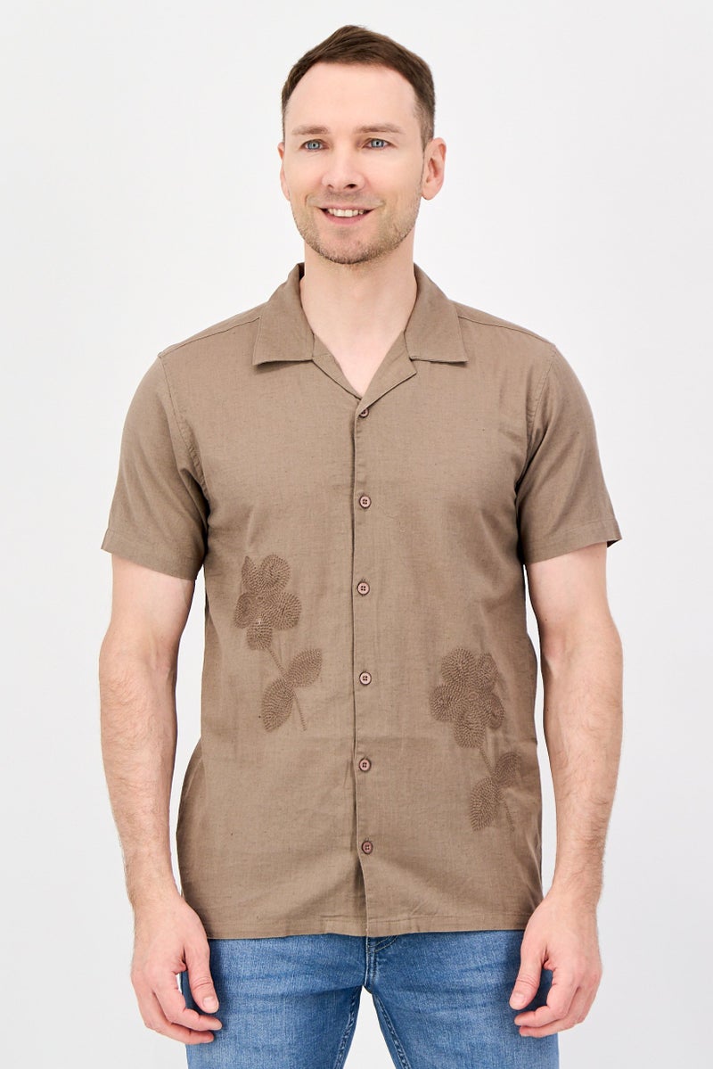 Threadbare Men Regular Fit Short Sleeve Embroidered Casual Shirt, Taupe - Image 1